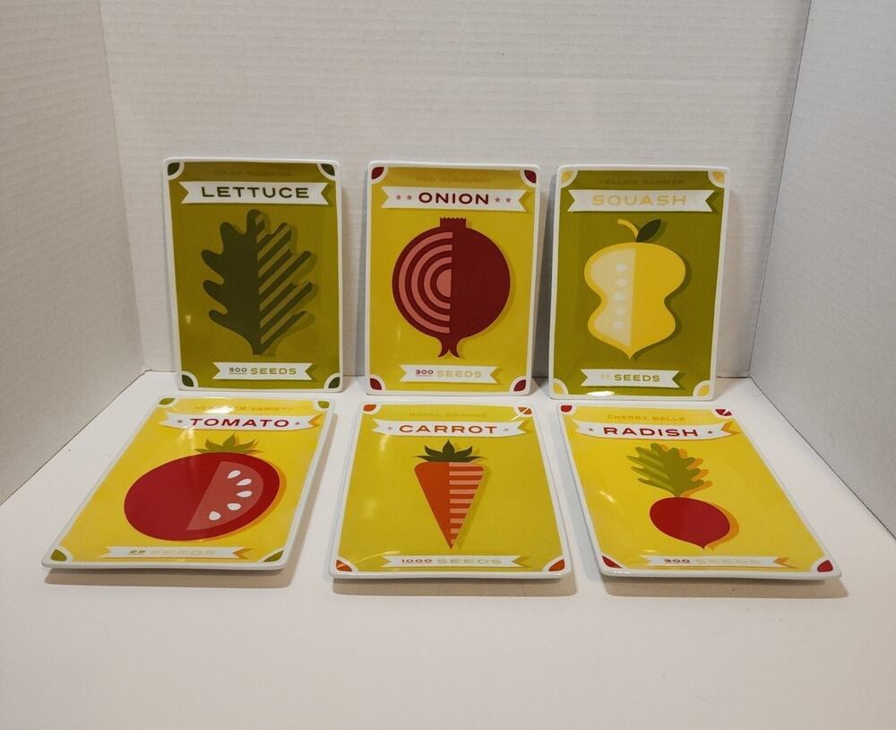 Crate & Barrel Vegetable Seed Packet Appetizer Snack 5x7"Ceramic Plates Set Of 6